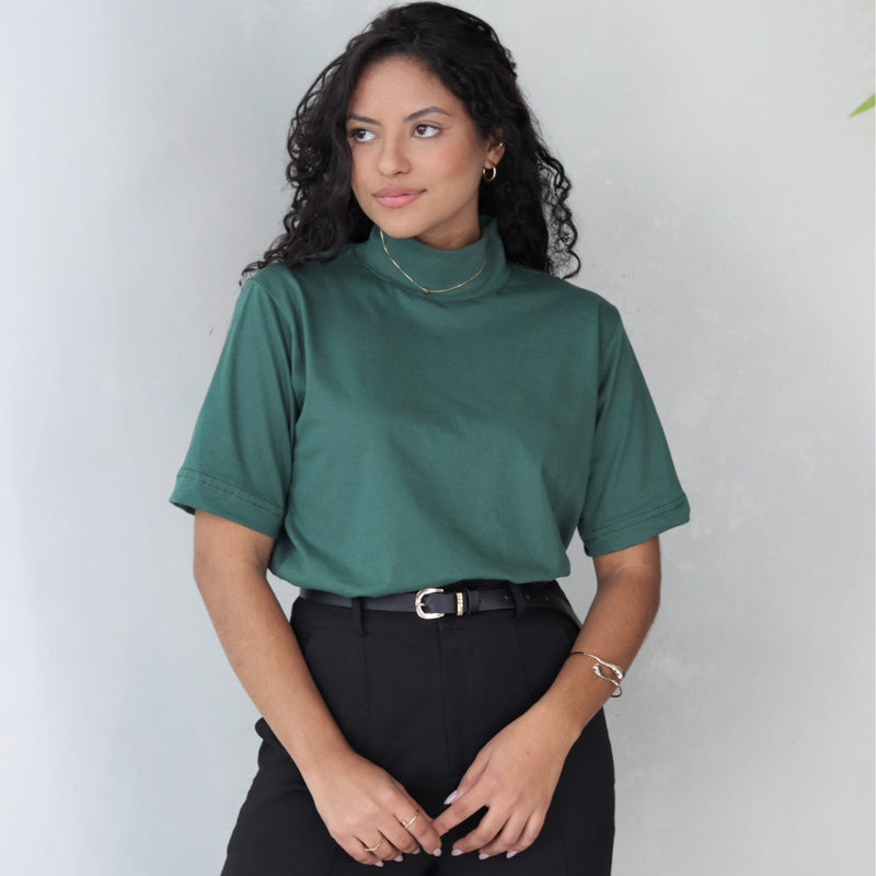 Kit 3 T-Shirt Feminina Blusa Gola Alta Camiseta Manga 3/4 100% Algodão Básica