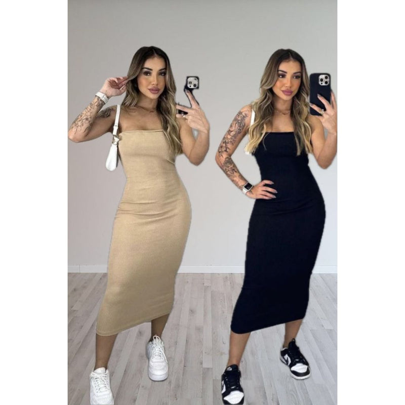 Kit 2 Vestido Feminino Midi Tomara que Caia Canelado Elegância e Ousadia Unidas em uma Peça