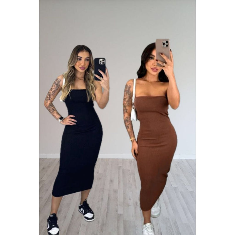 Kit 2 Vestido Feminino Midi Tomara que Caia Canelado Elegância e Ousadia Unidas em uma Peça