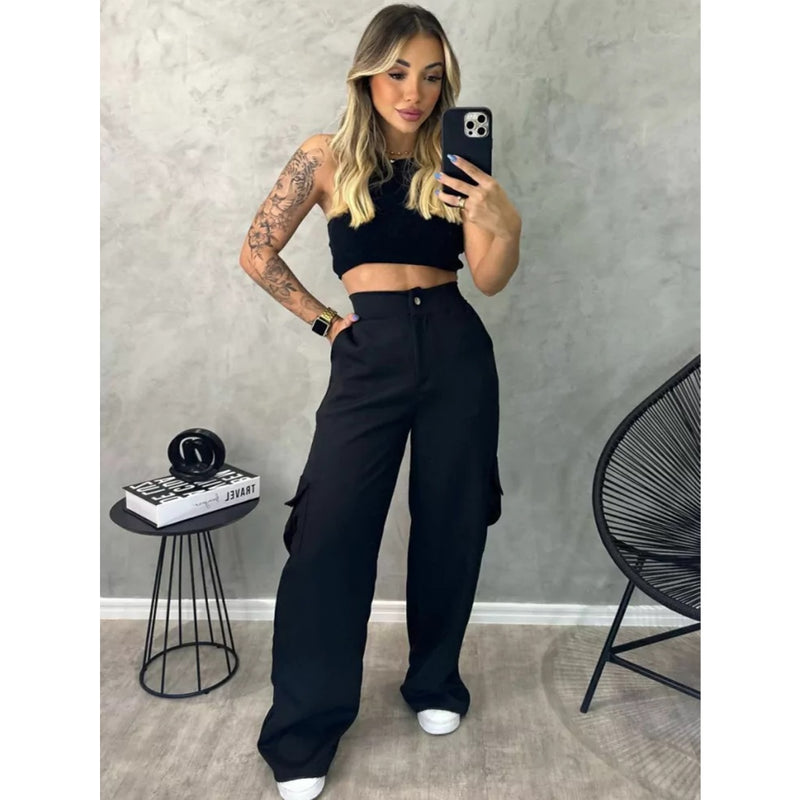 Calça CARGO Alfaiataria Feminina Pantalona WideLeg com Bolsos Laterais