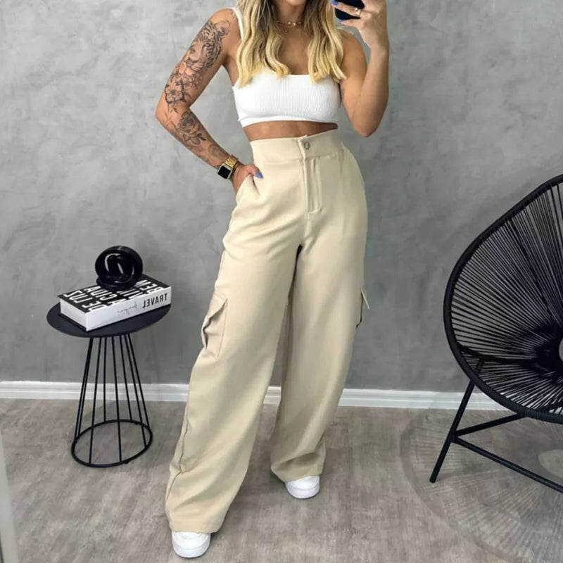 Calça CARGO Alfaiataria Feminina Pantalona WideLeg com Bolsos Laterais