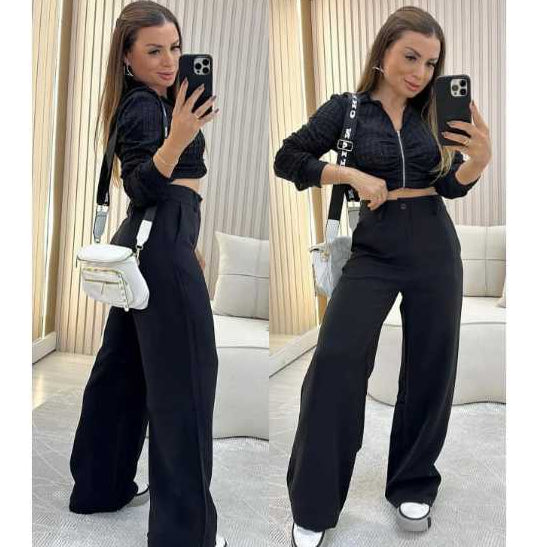Calça Pantalona Alfaiataria Premium Wide Leg Social Botão Forrado Corte Alto Padrão