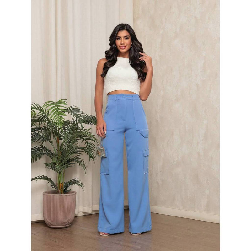 Calça CARGO Alfaiataria Feminina Pantalona WideLeg com Bolsos Laterais