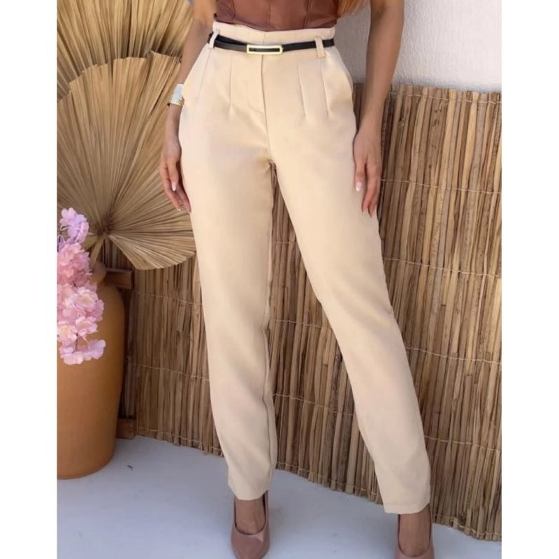 CALÇA FEMININA ALFAIATARIA ACOMPANHA CINTO CINTURA ALTA COM ZÍPER NA LATERAL