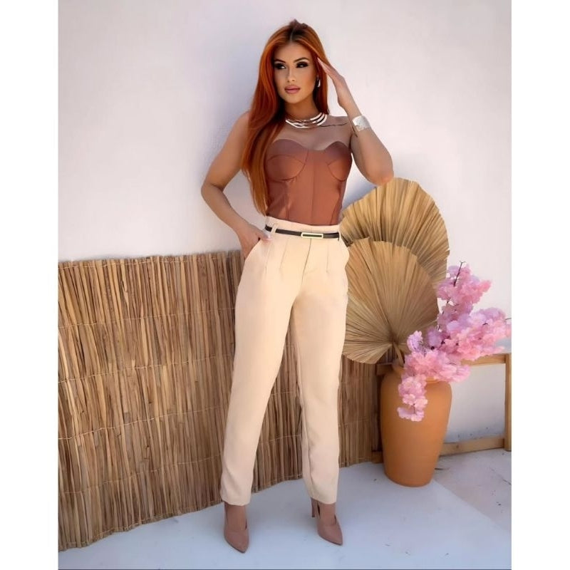 CALÇA FEMININA ALFAIATARIA ACOMPANHA CINTO CINTURA ALTA COM ZÍPER NA LATERAL