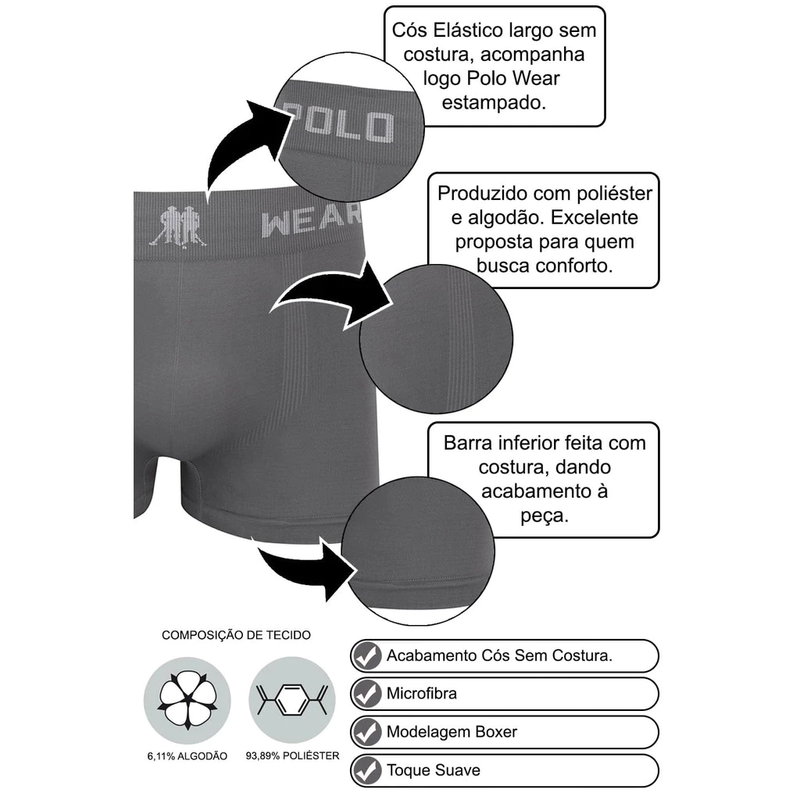Kit 12 Cuecas Boxer Polo Wear Microfibra Sem Costura Masculinas Cueca Box Adulto Confortável Sortido